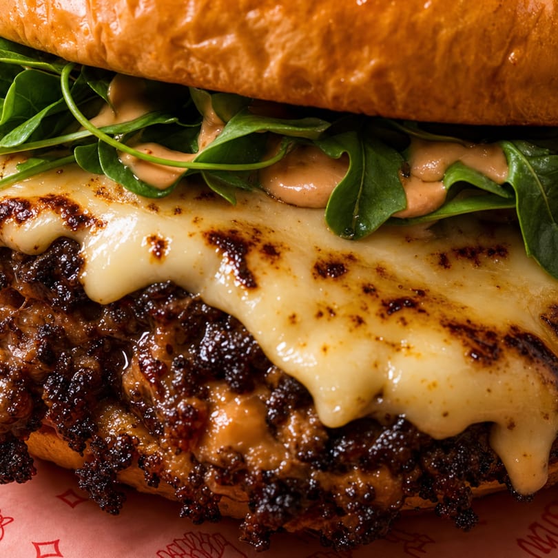 Close-up of a burger with melted cheese, crispy patty, fresh arugula, and sauce on a bun.