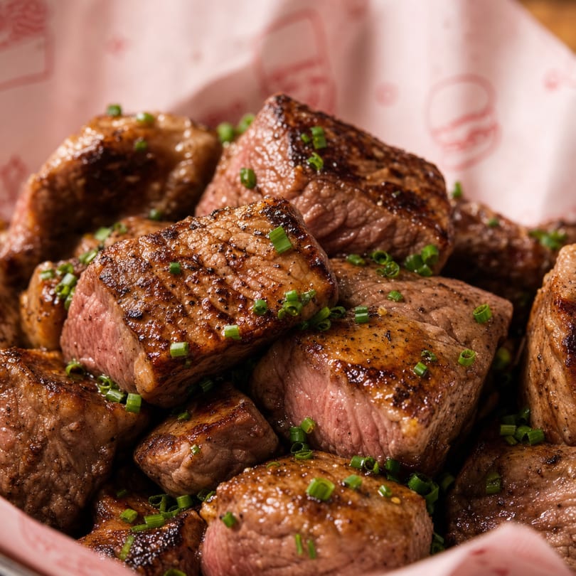 Close-up of grilled steak bites, seasoned and garnished with chopped chives, served in a paper-lined basket.