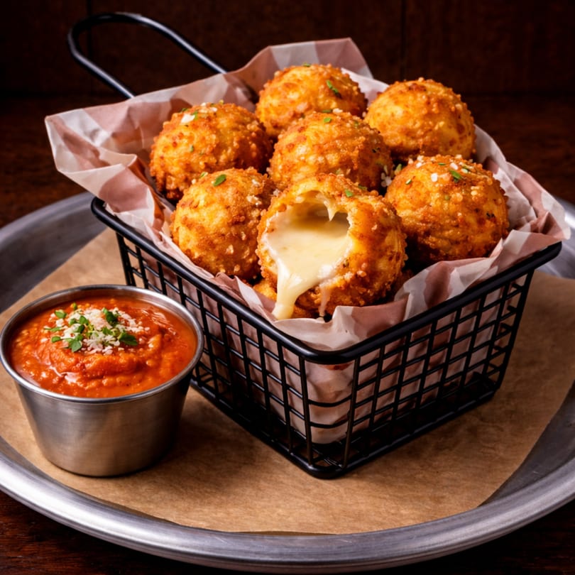 Golden-fried cheese balls with melted cheese oozing out, served in a basket with a side of marinara sauce.