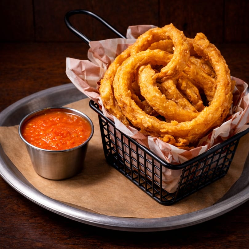 Crispy golden onion rings in a black wire basket with a side of red dipping sauce.