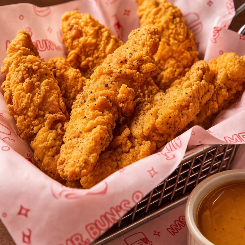 Crispy, golden-brown chicken tenders with black pepper in a metal basket lined with pink paper, with a side of honey mustard.