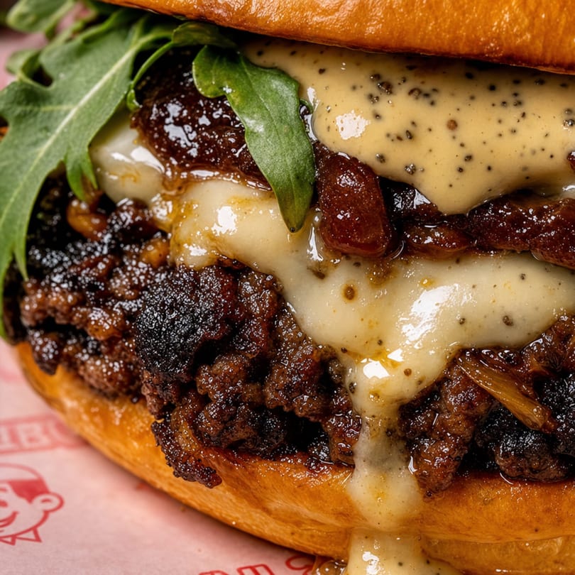 Close-up of a burger with melted cheese, caramelized onions, and arugula on a bun.