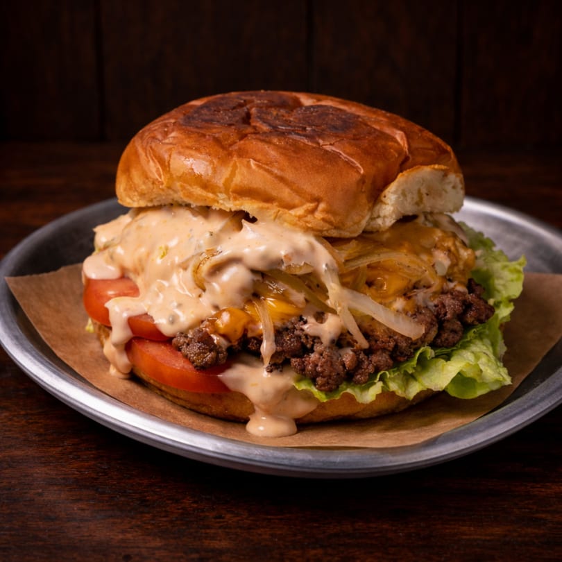 A MR. BUN'S CO. burger with melted cheese, caramelized onions, tomatoes, and lettuce on a metal plate.