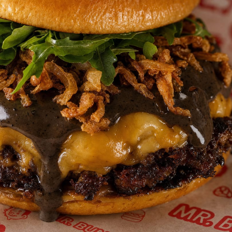 Close-up of a Mr. Burger double cheeseburger with black sauce, crispy onions, and arugula.