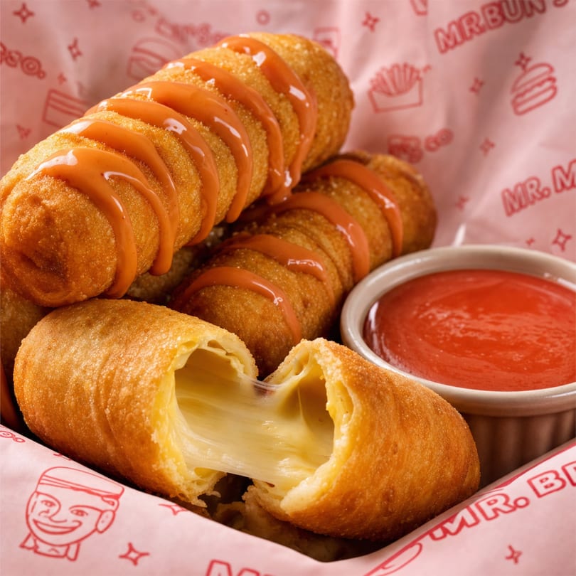 Golden-brown fried cheese sticks with orange sauce drizzle, one broken open with melted cheese, and a side of red sauce.