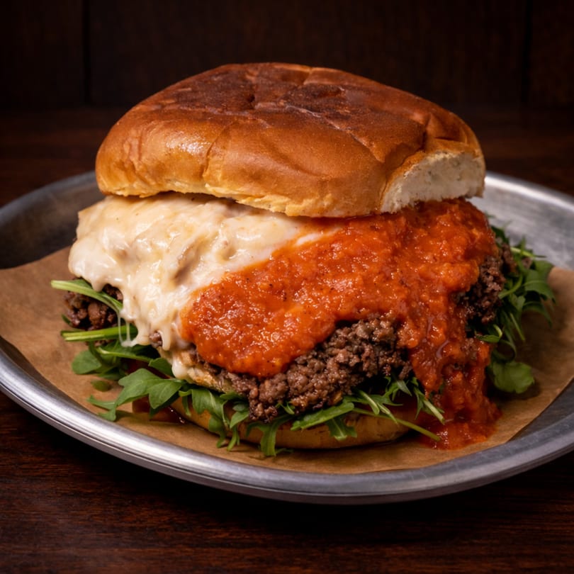 A MR. BUN'S CO. burger with melted cheese, red sauce, ground beef, and arugula on a bun.