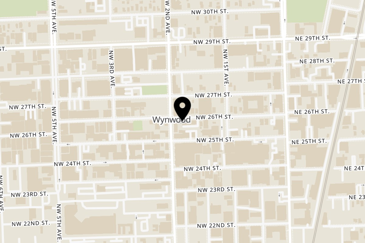 Map showing the location of MR. BUN'S CO. on 176 NW 26TH ST in Miami